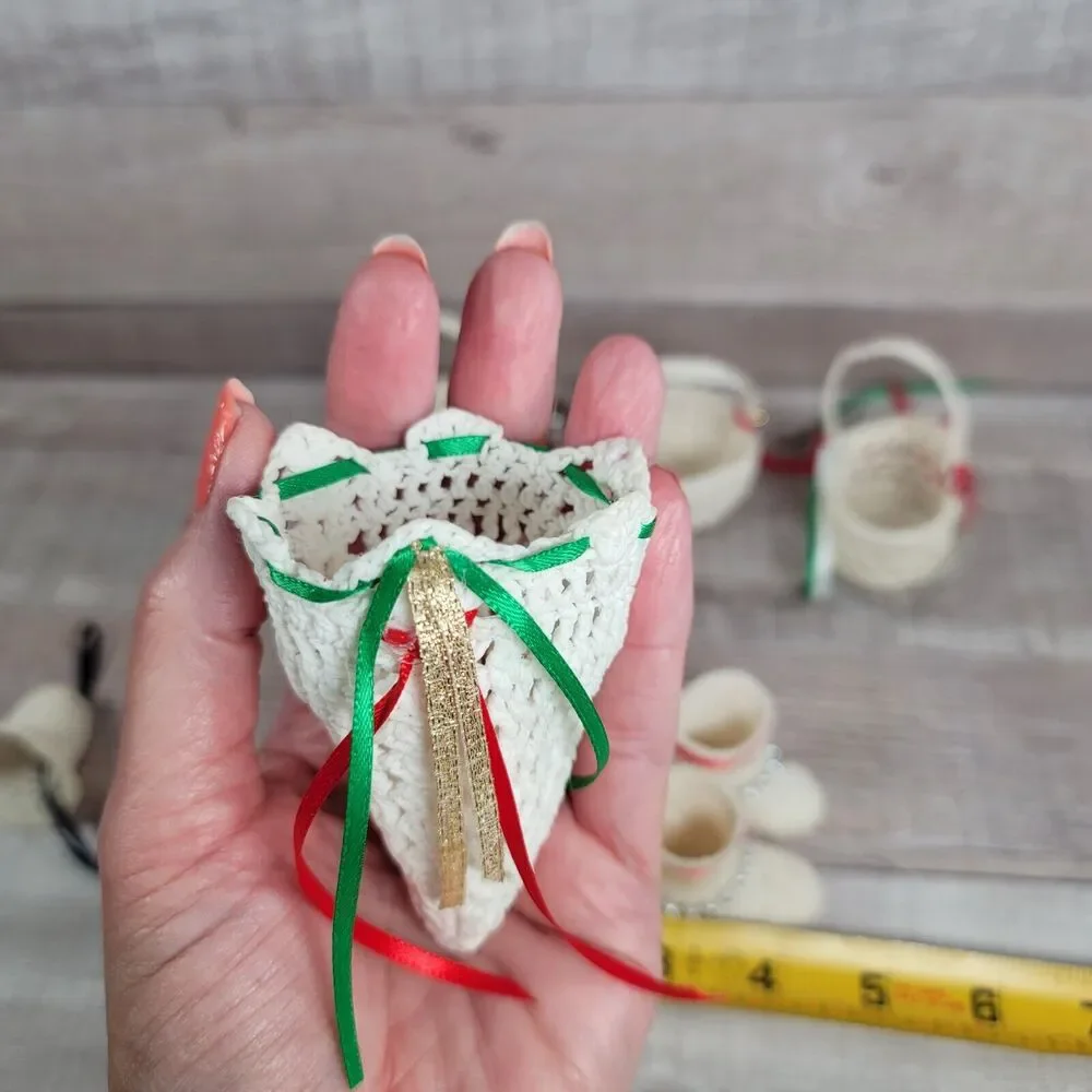 Vintage Crochet Christmas Ornaments Handmade Boho Bells Baskets Booties Slippers
